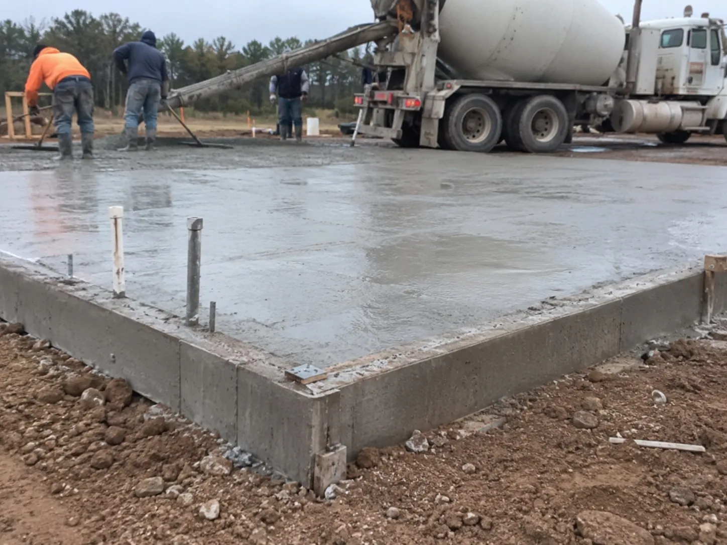 Crew finishing a freshly poured concrete slab as the truck pumps in Hamilton
