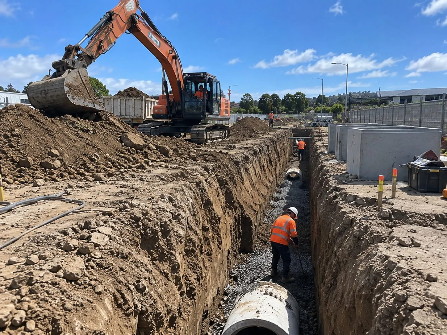 Excavator digging a marked-out service trench beside a tip truck in Hamilton