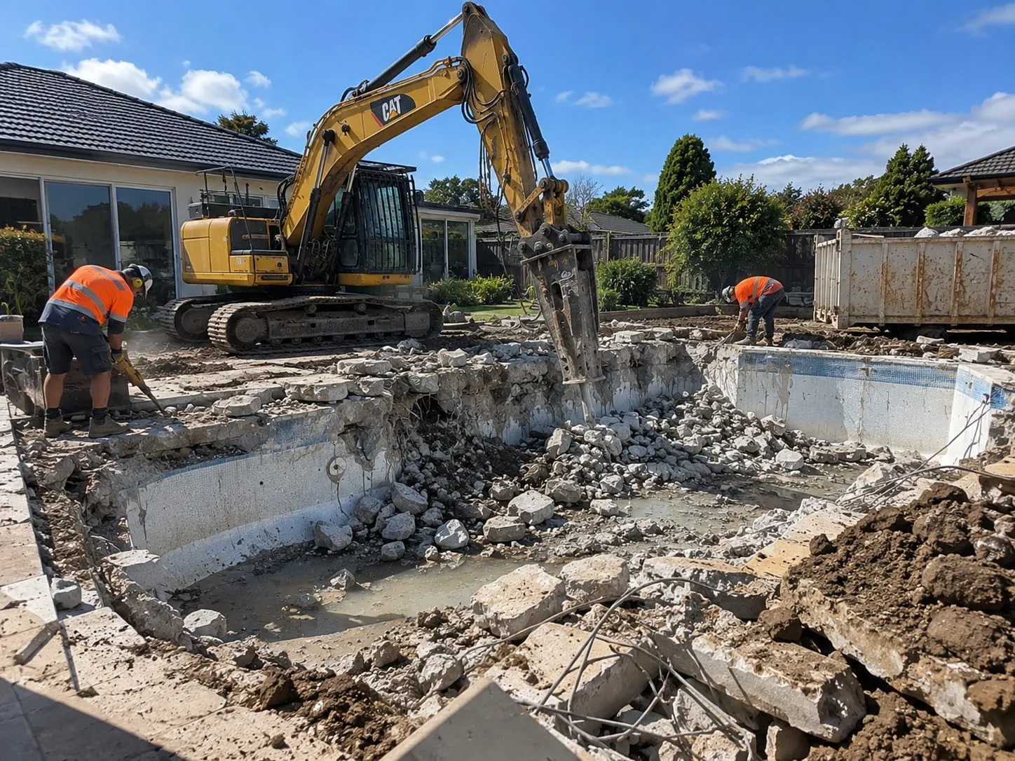 Excavator backfilling and levelling ground after a pool removal in Hamilton